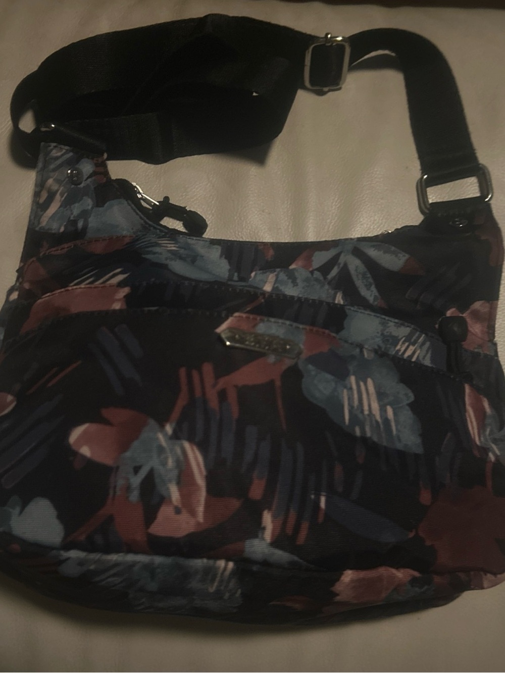 Floral-Print Shoulder Bag in Black with Blue & Mauve Accents